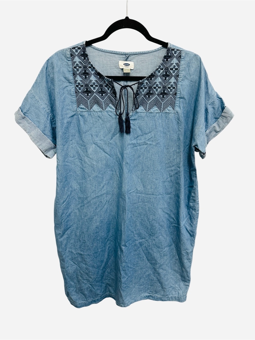 Old Navy chambray dress with embroidered chest and tassel tie neckline Size L